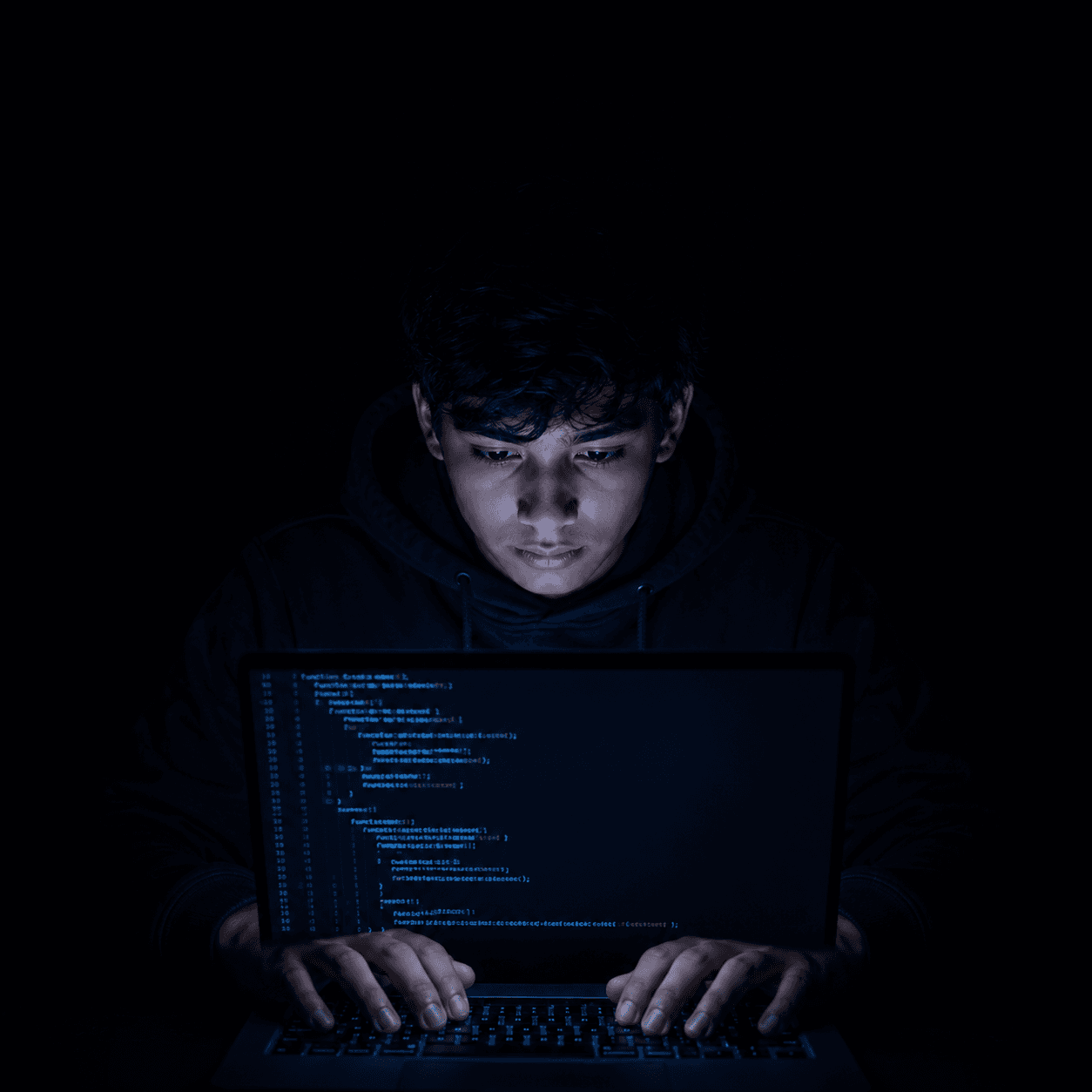 A student coding on a laptop in a dark room, the screen lighting their face and hands