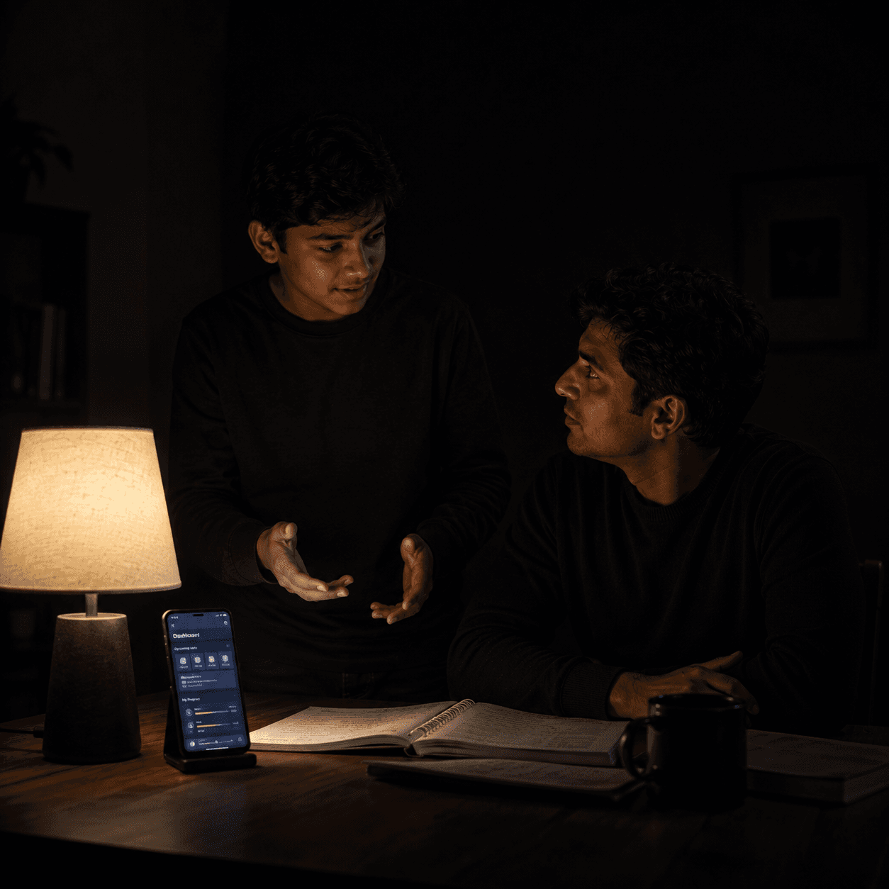 A teenager explaining something to a seated parent at a table at night, the EdVixo app propped up on a phone beside them