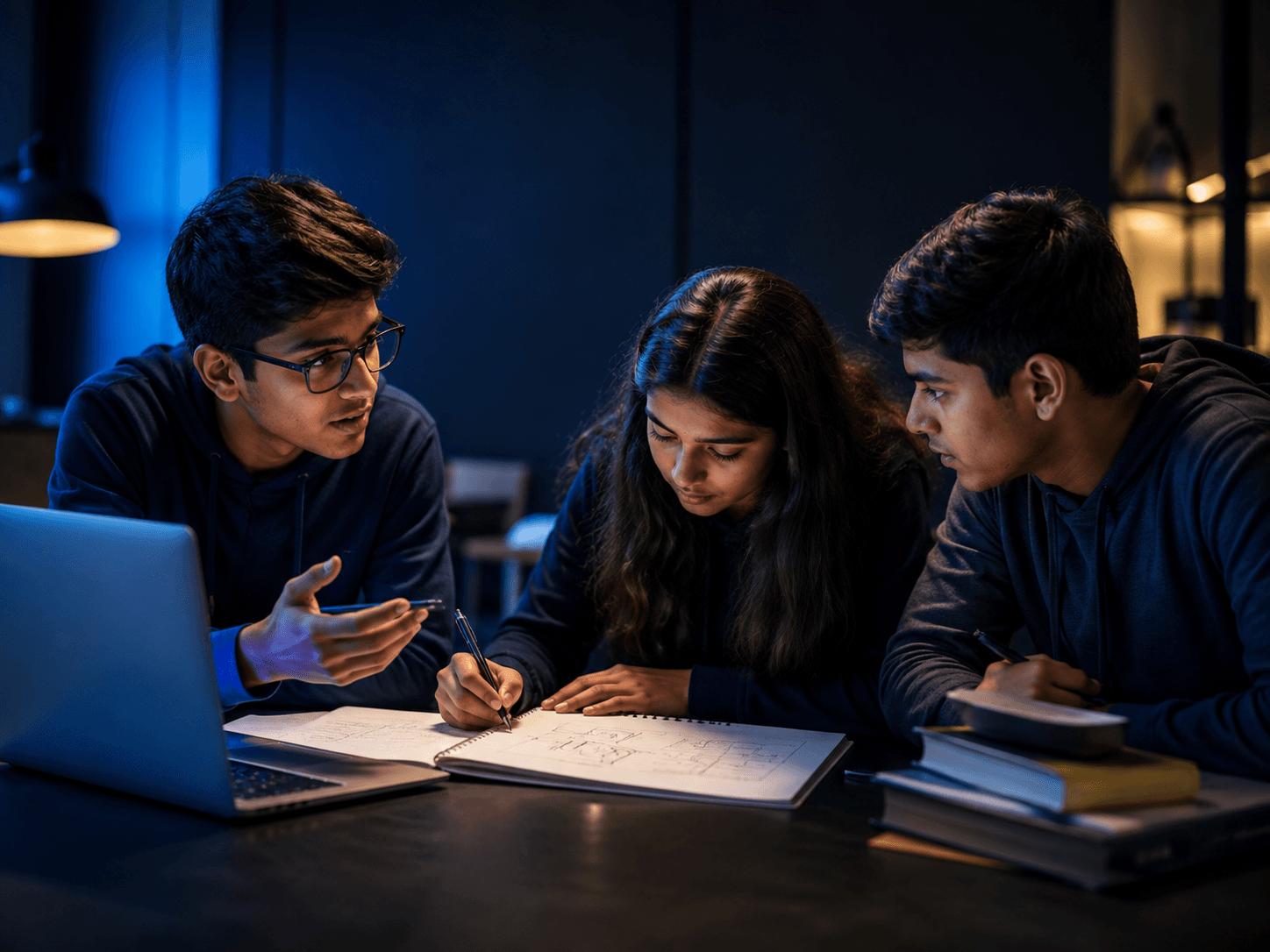 Students collaborating around a study desk with notebooks and a laptop during a future-skills learning session