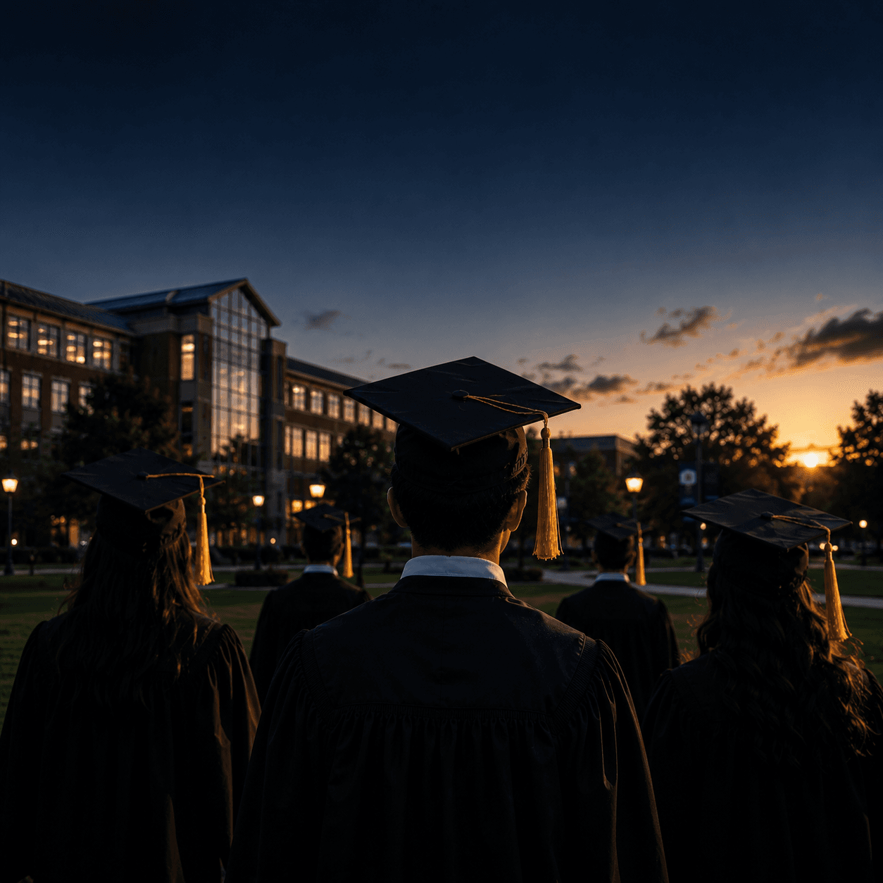 Graduates in caps and gowns on a campus lawn at dusk, gold tassels catching the last of the light