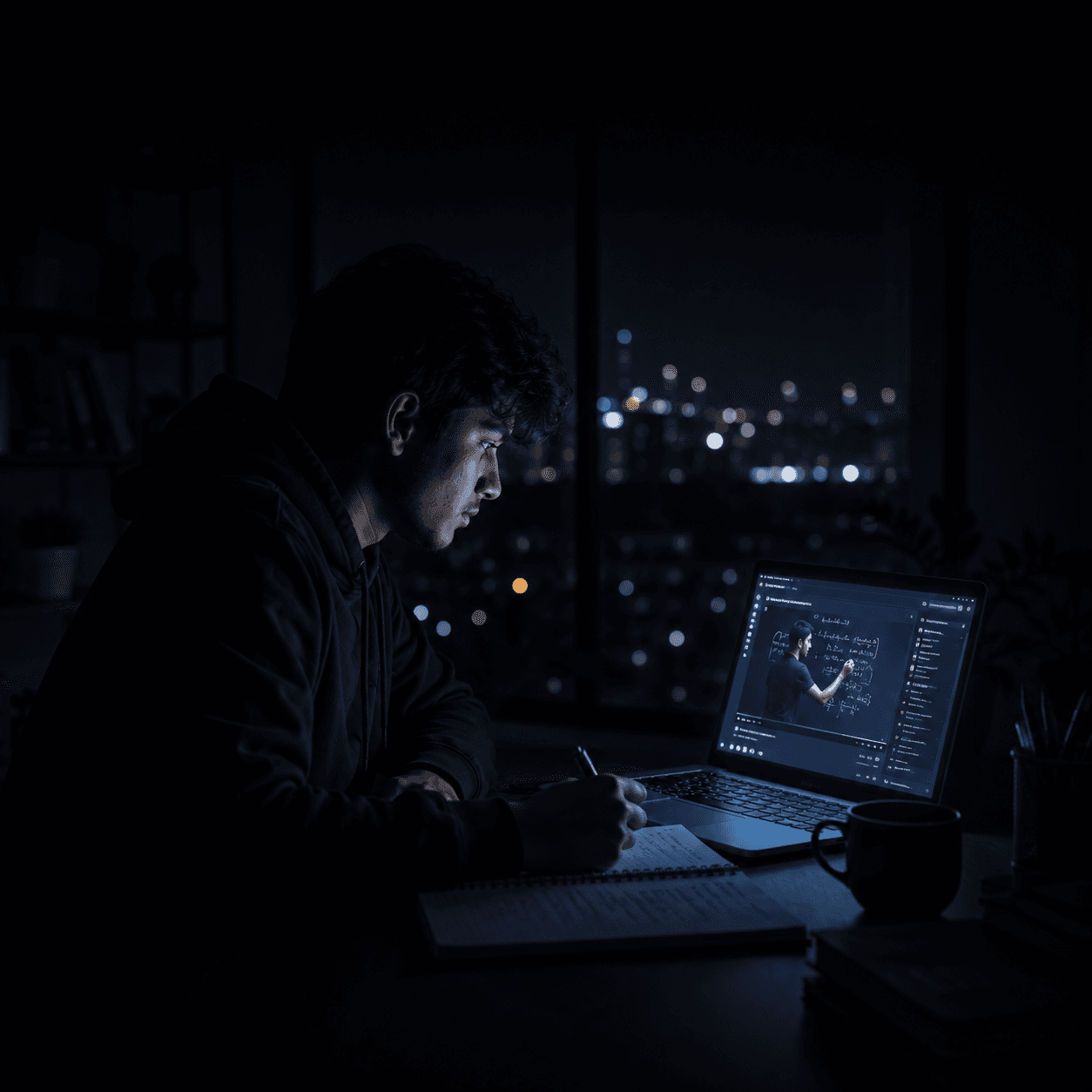 A working professional taking notes from a recorded lecture on a laptop at night, city lights out the window behind