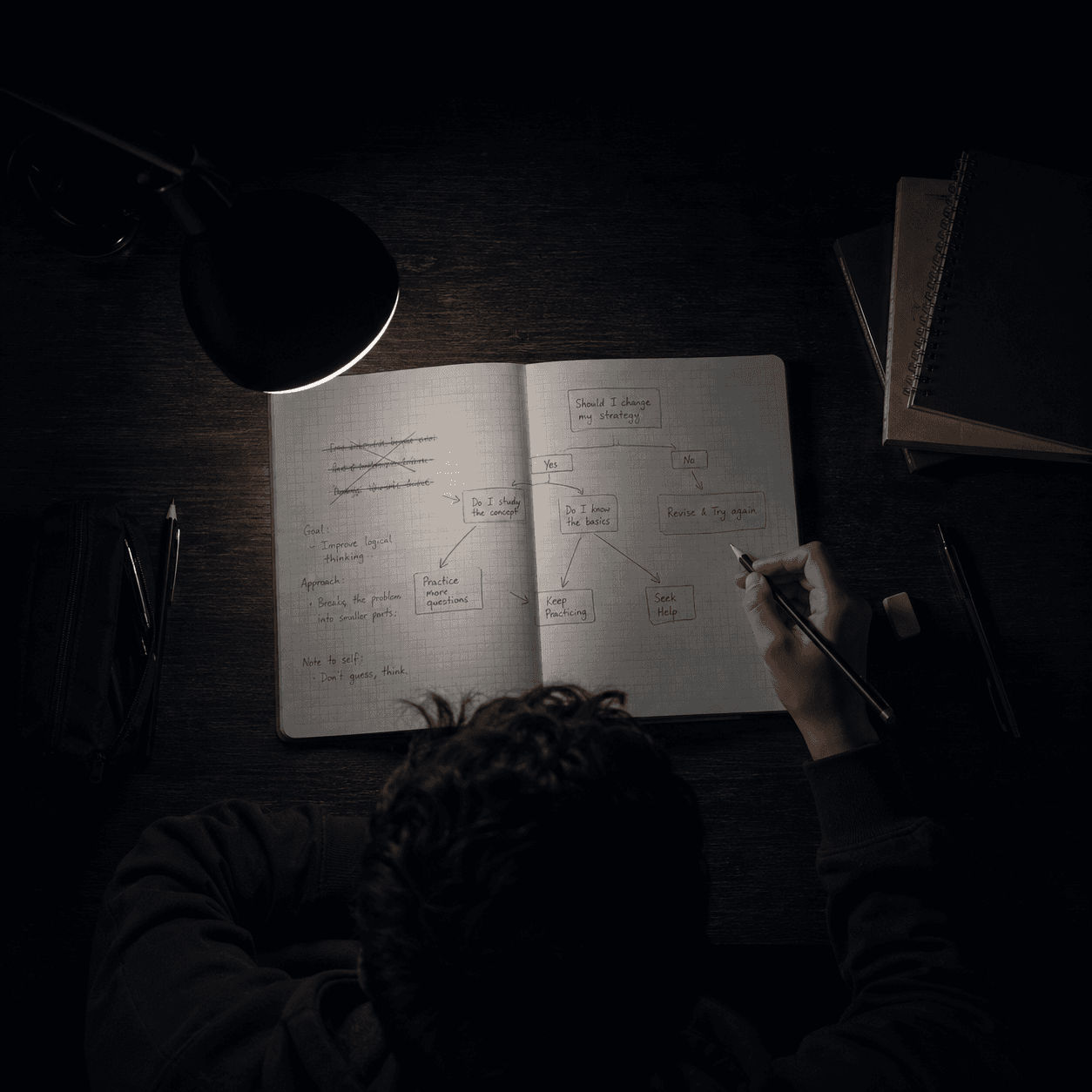 Overhead view of a student working through a hand-drawn decision tree in a notebook under a single desk lamp