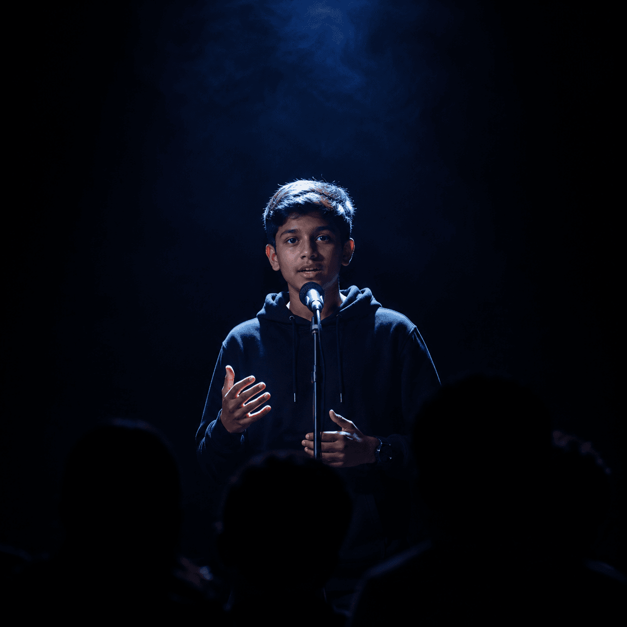A student speaking into a microphone under a spotlight, the audience visible only in silhouette