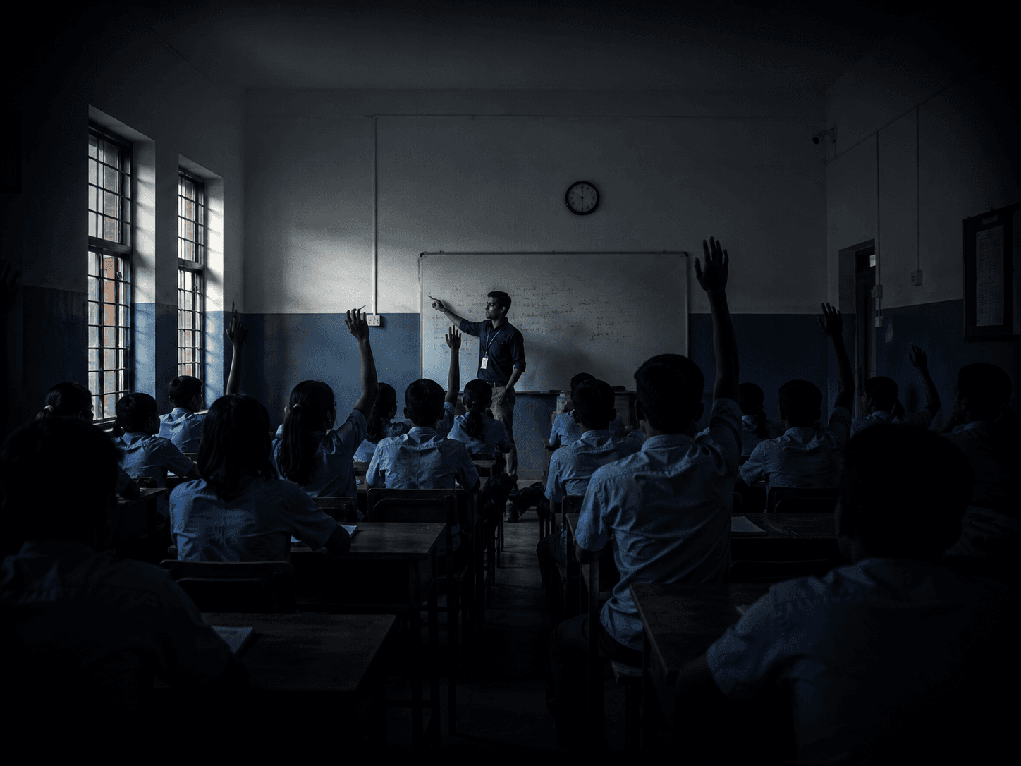 A classroom seen from the back — uniformed students with hands raised, a trainer explaining at the whiteboard